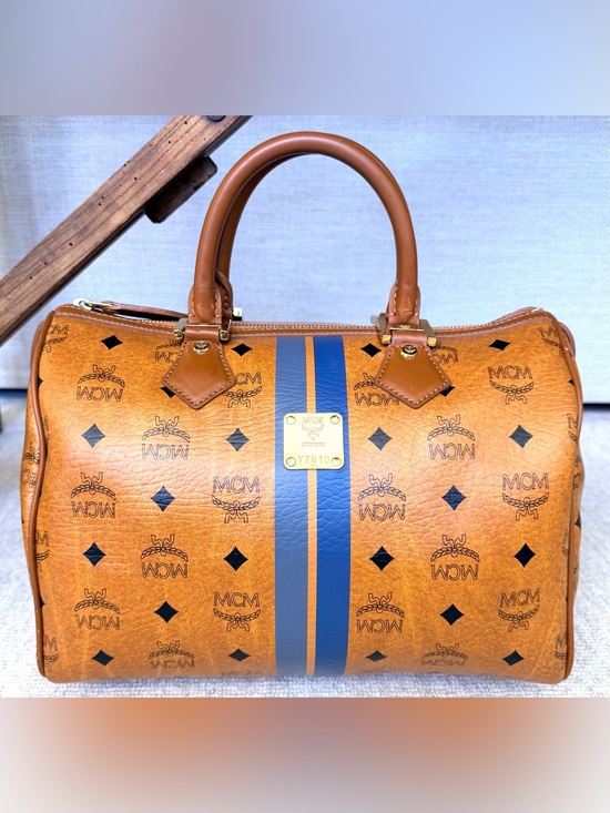 MCM Handbags - MCM Rare Visetos Blue Stripe Boston Satchel Bag Cognac Gold Hardware